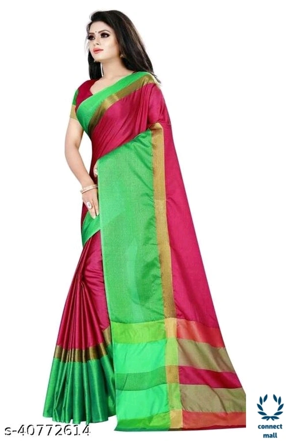 Solid Cotton Silk Sarees With Blouse Piece   - Green & Black, Cotton silk, 3