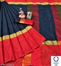 Solid Cotton Silk Sarees With Blouse Piece   - Green & Black, Cotton silk, 3