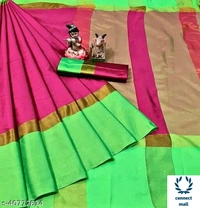 Solid Cotton Silk Sarees With Blouse Piece   - Green & Black, Cotton silk, 3
