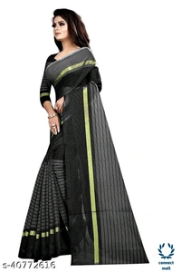 Solid Cotton Silk Sarees With Blouse Piece   - Green & Black, Cotton silk, 3