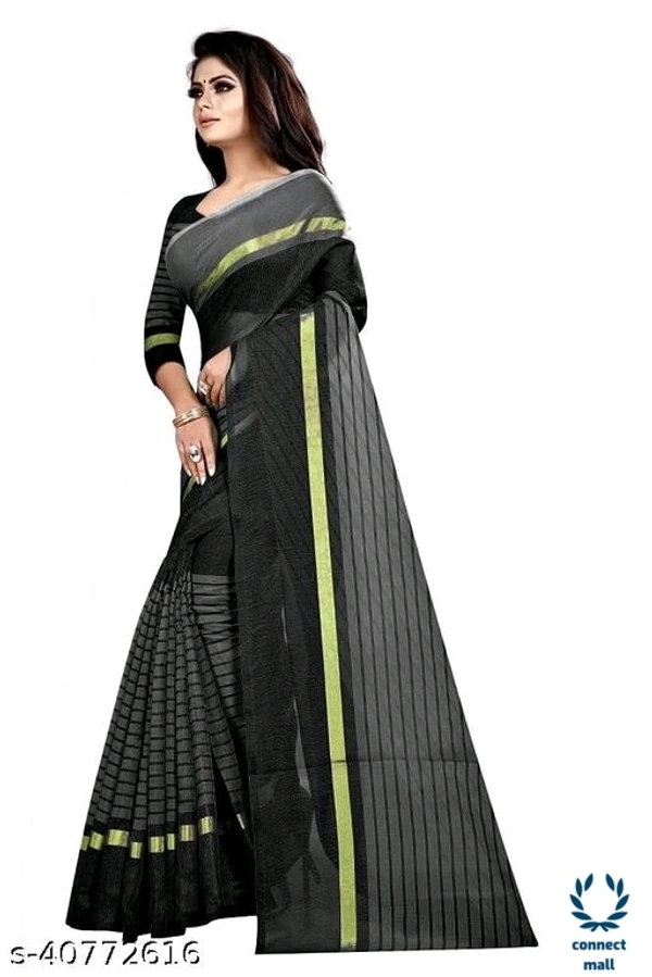 Solid Cotton Silk Sarees With Blouse Piece   - Green & Black, Cotton silk, 3