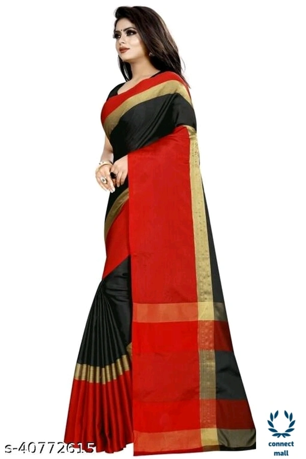 Solid Cotton Silk Sarees With Blouse Piece   - Black & Red Colour, Cotton Silk, 3