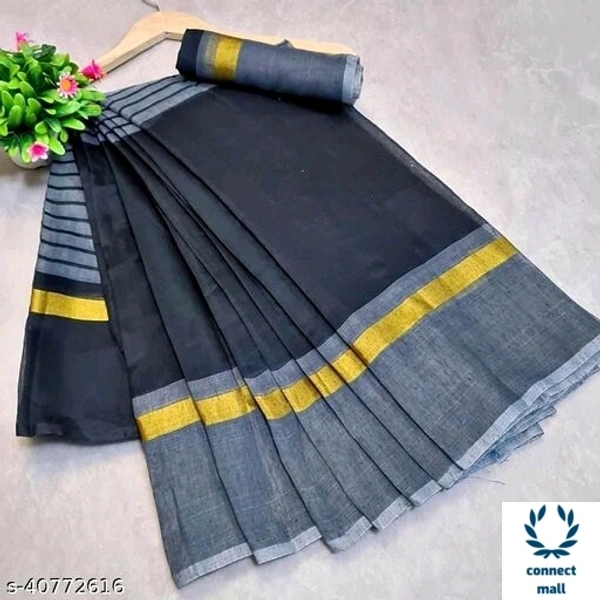 Solid Cotton Silk Sarees With Blouse Piece   - Black &  Gray, Cotton Silk, 3