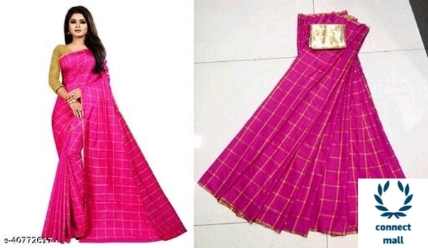Solid Cotton Silk Sarees With Blouse Piece   - Pink, Cotton silk, 3