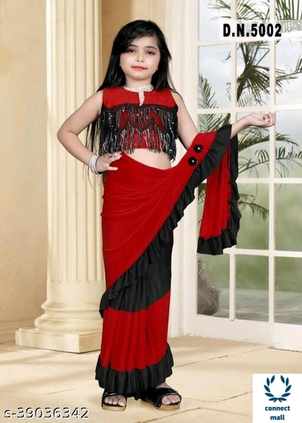 Stylish Girls Saree - Maroon & Black, Pure Lycra, 4-5 yrs