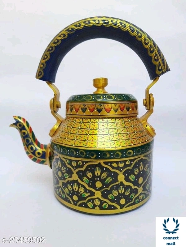 Rajasthani Craft Point Decorative Handpainted Aluminium Tea kettle Green Colour 1 Litre - Black, Pack of 1, 1Litre