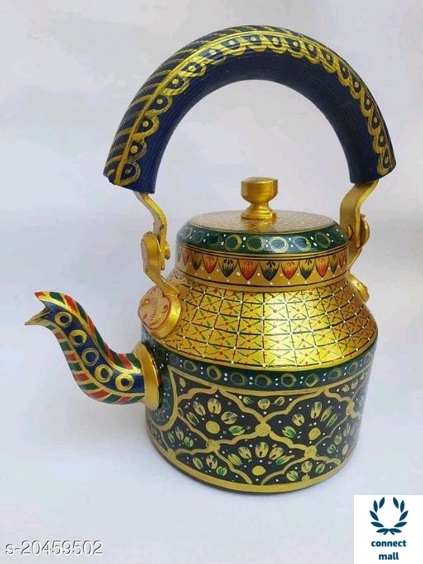 Rajasthani Craft Point Decorative Handpainted Aluminium Tea kettle Green Colour 1 Litre - Black, Pack of 1, 1Litre