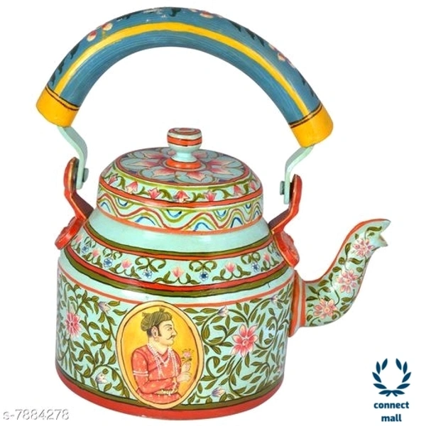 Rajasthani Craft Point Decorative Handpainted Aluminium Tea kettle MultiColour 1 Litre - 8.5inch, Green, Pack of 1 piece