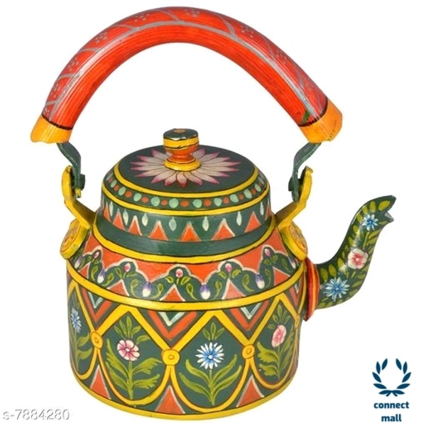 Rajasthani Craft Point Decorative Handpainted Aluminium Tea kettle MultiColour 1 Litre - 8.5inch, Green, Pack of 1 piece