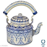 Rajasthani Craft Point Decorative Handpainted Aluminium Tea kettle MultiColour 1 Litre - 8.5inch, Green, Pack of 1 piece