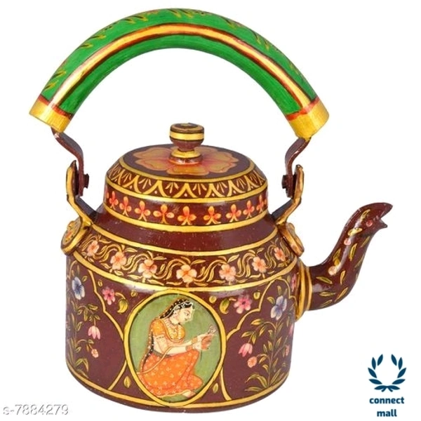 Rajasthani Craft Point Decorative Handpainted Aluminium Tea kettle MultiColour 1 Litre - 8.5inch, Green, Pack of 1 piece