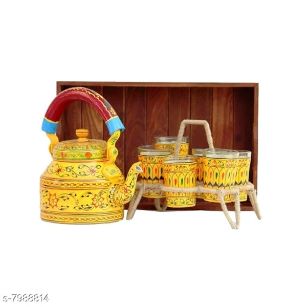 Rajasthani Traditional Jaipuri Meenakri Handpaint Aluminum Decorative Tea kettle  for Serve  - 1 litre, Yellow