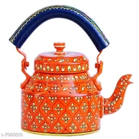 Rajasthani Traditional Jaipuri Meenakri Handpaint Aluminum Decorative Tea kettle  for Serve  - 1 Litre, Orange