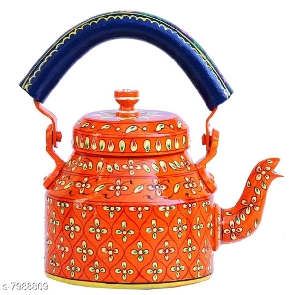 Rajasthani Traditional Jaipuri Meenakri Handpaint Aluminum Decorative Tea kettle  for Serve  - 1 Litre, Orange