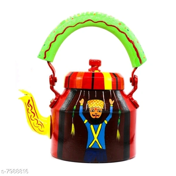 Rajasthani Traditional Jaipuri Meenakri Handpaint Aluminum Decorative Tea kettle  for Serve  - 1 litre, Red & Yellow