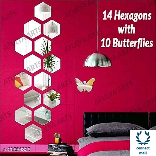 Atulya Arts 3D silver Hexagon  Decorative Acrylic Mirror Wall Sticker Pack of 14  With 10 Butterfly Sticker - Marroon