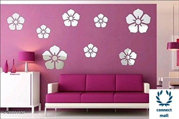 Atulya Arts Silver  Decorative FlowerAcrylic Mirror Wall Sticker Pack of 8 - Pink, Pack of 8