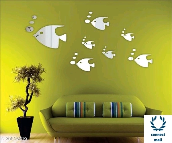 Atulya Arts 3D Silver  Fish Acrylic Wall Sticker Pack of 8 - Green, Pack of 1