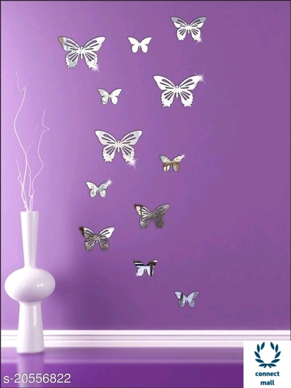 Atulya Arts Silver  Decorative Butterfly Acrylic Mirror Wall Sticker Pack of 12