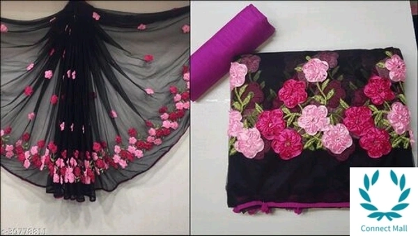 NET RIBBON WORK BLACK SAREE WITH POM POM LACE AND BANGLORI BLOUSE