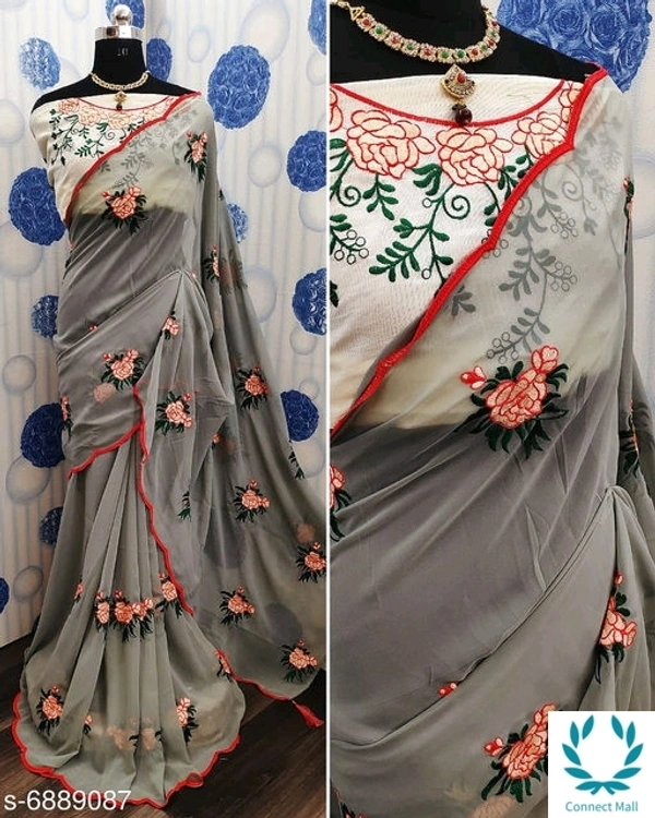 Georgette Heavy Embroidred Saree - Light Gray