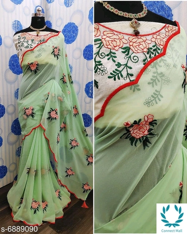 Georgette Heavy Embroidred Saree - Light Green