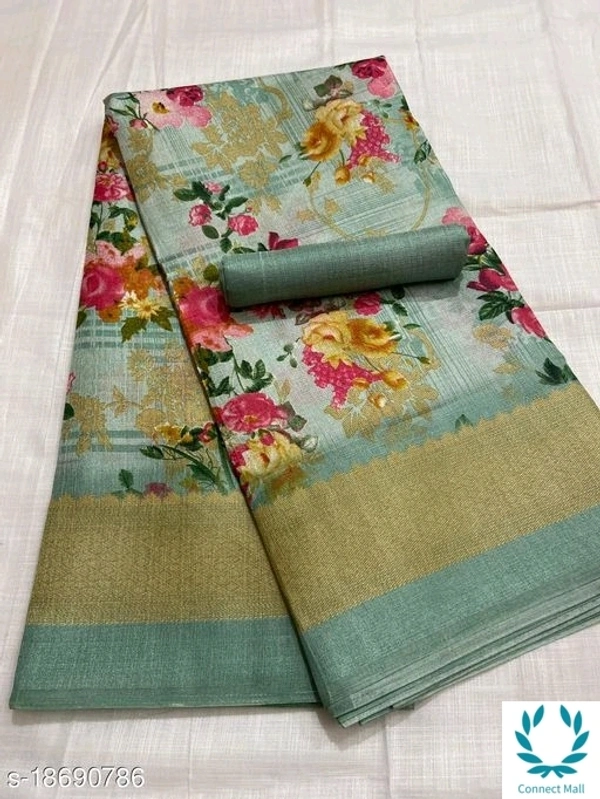 FLORAL PRINT KHADI BLEND SAREE - Light Green