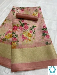 FLORAL PRINT KHADI BLEND SAREE - Light Green