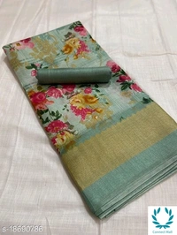 FLORAL PRINT KHADI BLEND SAREE - Light Green