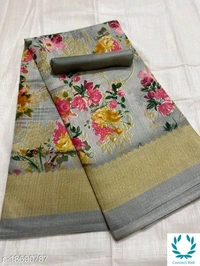 FLORAL PRINT KHADI BLEND SAREE - Light Green