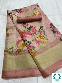 FLORAL PRINT KHADI BLEND SAREE - Light Green