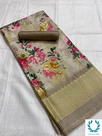 FLORAL PRINT KHADI BLEND SAREE - Light Golden