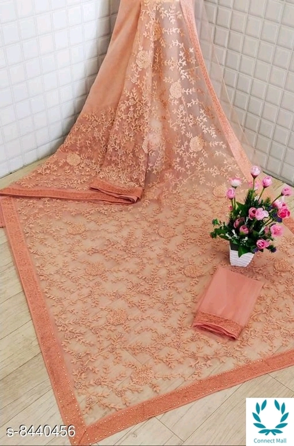 Chikankari Embroidered Net Saree - Light Peach