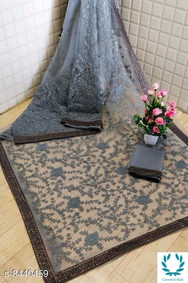 Chikankari Embroidered Net Saree - Gray