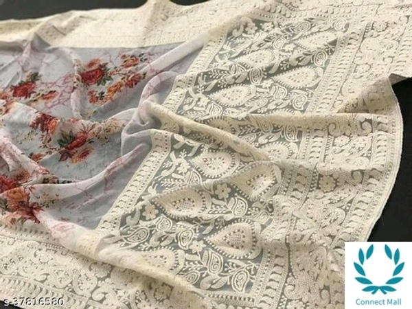 Lucknowi Heavy Chikankari On Printed Saree With Blouse  - Gray