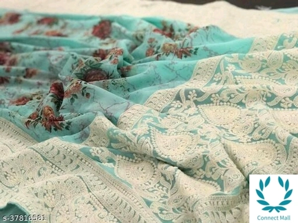 Lucknowi Heavy Chikankari On Printed Saree With Blouse  - Light Blue