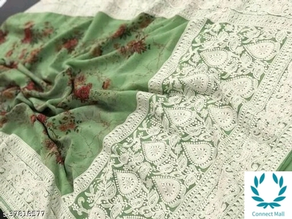 Lucknowi Heavy Chikankari On Printed Saree With Blouse  - Green