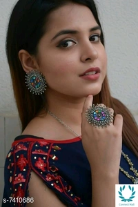 Beautiful Oxidized Earrings with Ring - Pink & Yellow Color Stones