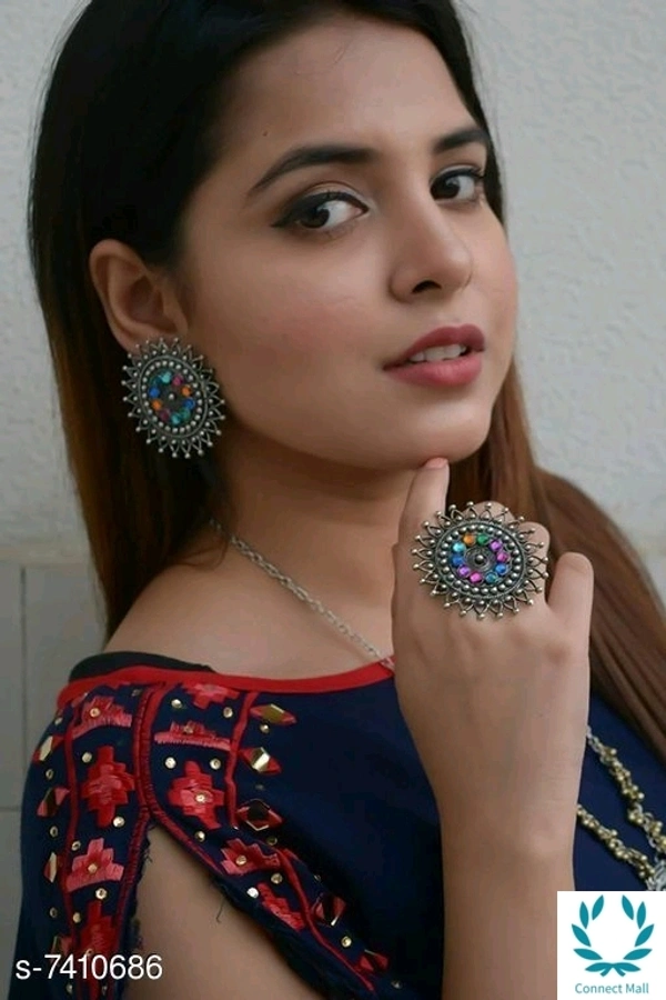 Beautiful Oxidized Earrings with Ring - Pink & Yellow Color Stones