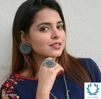Beautiful Oxidized Earrings with Ring - Pink & Yellow Color Stones