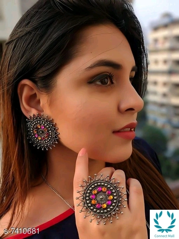 Beautiful Oxidized Earrings with Ring - Pink & Yellow Color Stones