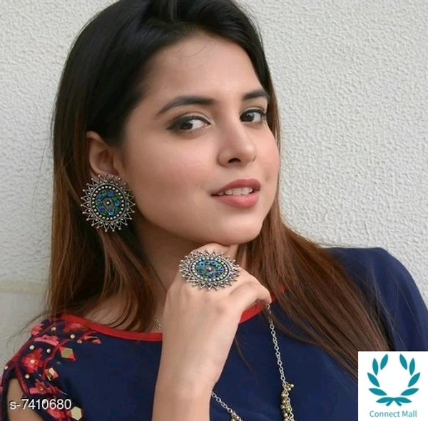 Beautiful Oxidized Earrings with Ring - Blue Color Stones