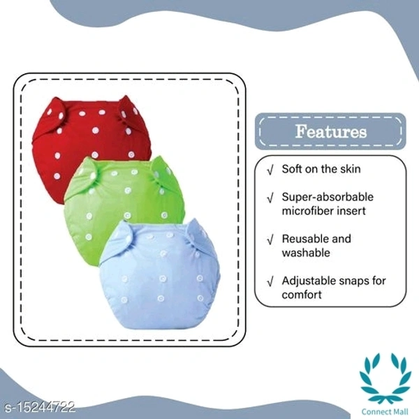 Baby Diaper - Pack of 3 Reusable Diapers - Red Green and Blue, Free Size