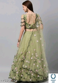  Agam Graceful  Chain-Stiche Work Soft Net Lahenga  - Bottle Green, Soft Net, 3, Un Stiched