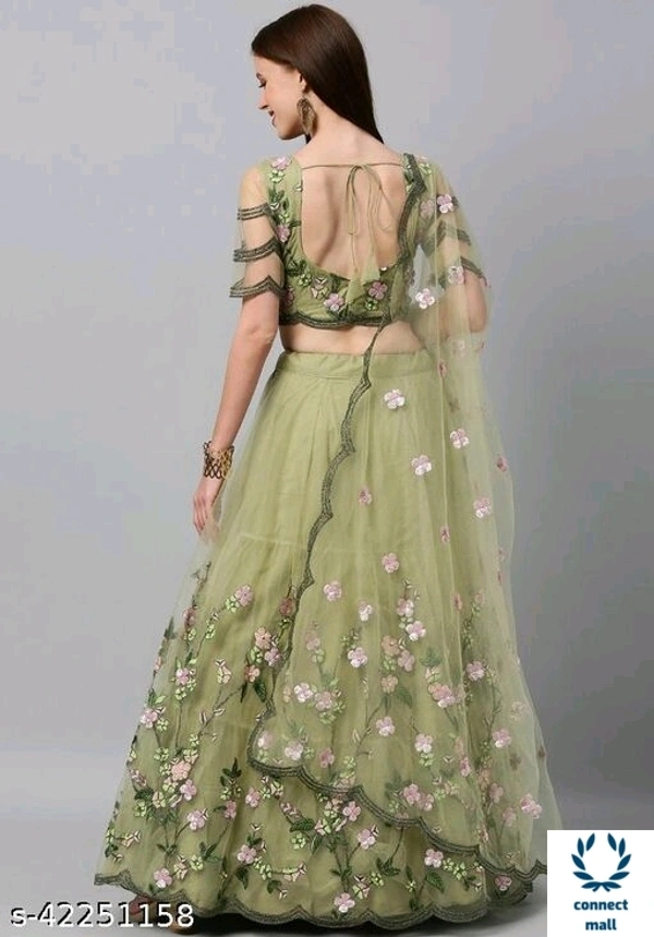  Agam Graceful  Chain-Stiche Work Soft Net Lahenga  - Bottle Green, Soft Net, 3, Un Stiched