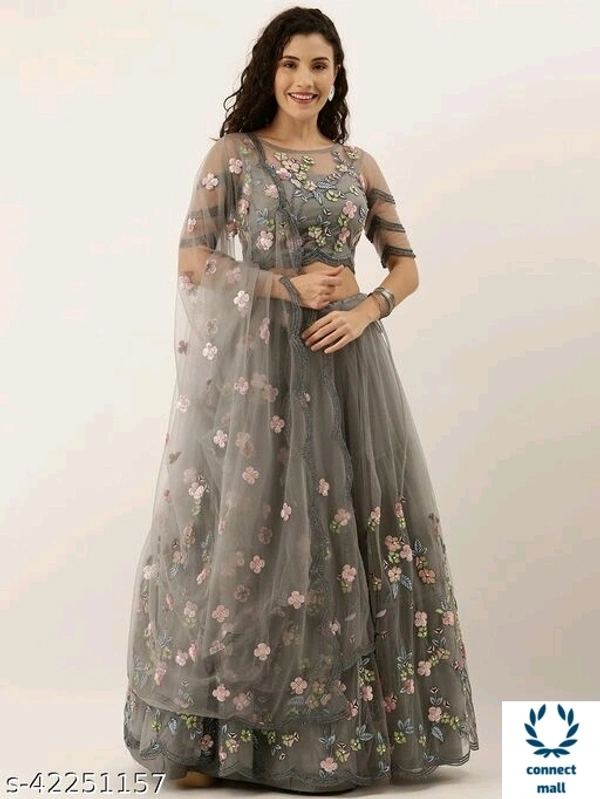Graceful Chain-Stiched Soft Net Lahenga Choli With Dupatta  - Light Choclate Brown, Soft Net, 3, Semi-Stiched