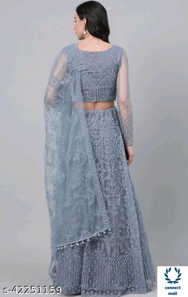  Aagam Graceful  Chain-Stiche Work Soft Net Lahenga  - Grey, Semi-Stiched