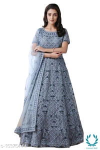 Semi Stiched Three Quarter Sleeves Embroidered Net Women Gown - pack of 1, Free Size, Gowns, Net Ineer Febric Crepe