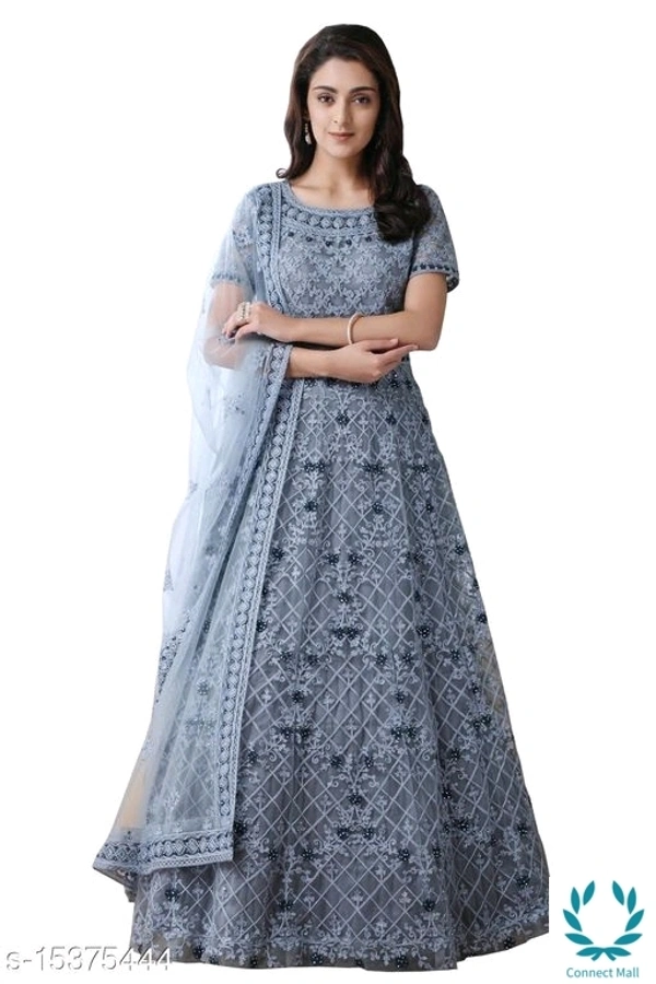 Semi Stiched Three Quarter Sleeves Embroidered Net Women Gown - 4, Free Size, Gowns, Net Inner Febric, Grey