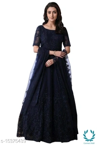 Semi Stiched Three Quarter Sleeves Embroidered Net Women Gown - 4, Free Size, Gowns, Net Inner Febric, Grey
